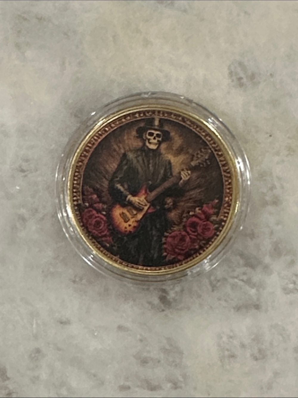 Skeleton Guitarist Round Art Coin— Gold, Brown, Red